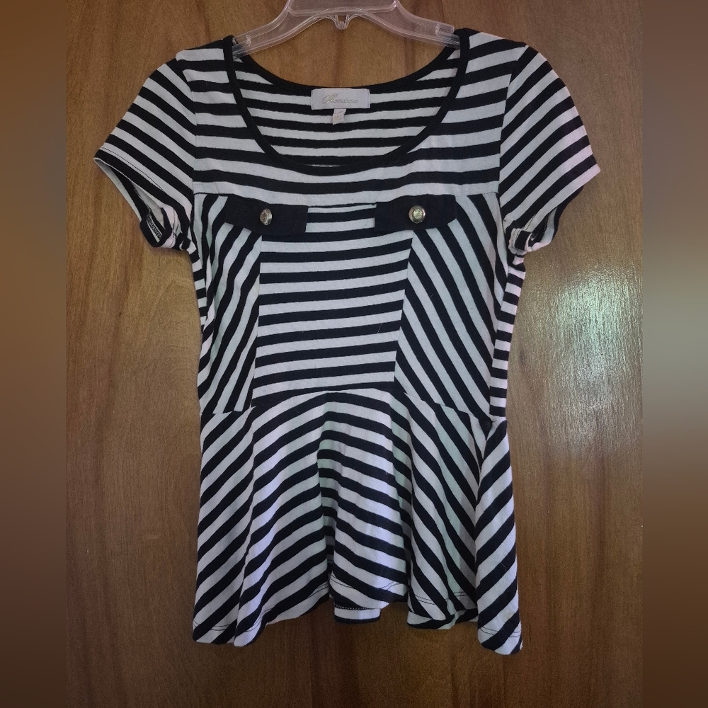 Monteau Black and White Striped Short Sleeve Peplum Top